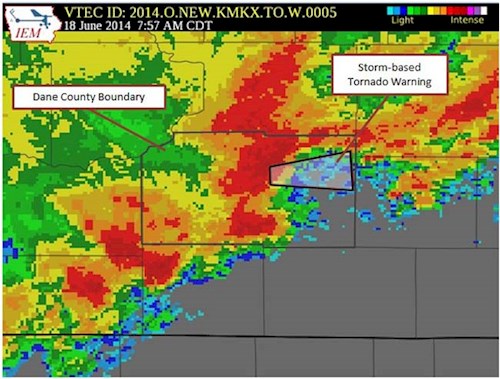 Map of storm-based tornado warning on June 18, 2014 in Dane County