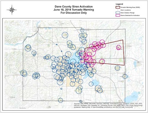 Siren Activation map for June 18, 2014 in Dane County