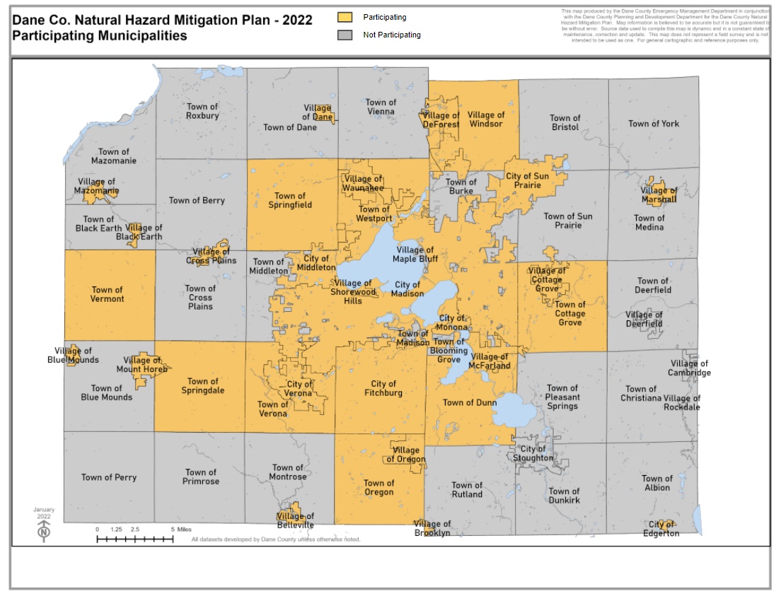 A map of local jurisdictions participating in the Hazard Mitigation Plan 2022 updates